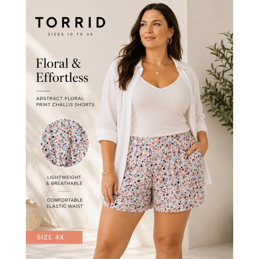 NEW Torrid Women's Abstract Floral Print Challis Shorts 4X Elastic Waist